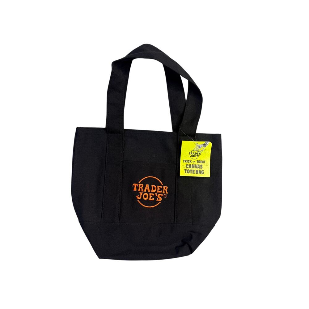 NWT Trader Joes Halloween Mini Canvas Tote Bag Black Orange Trick Or Treat Bag